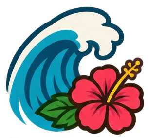 A crashing ocean wave with a red hibiscus flower