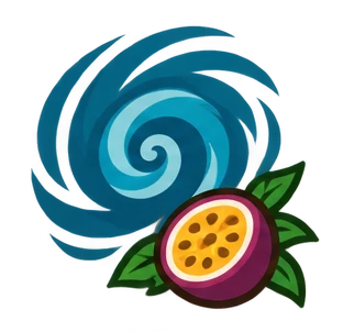 A swirling hurricane icon with a passion fruit