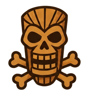 A tiki skull and crossbones carving