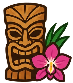 A carved wooden tiki mask with a pink orchid flower