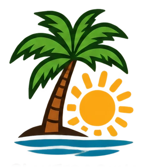A palm tree on a small island with the sun
