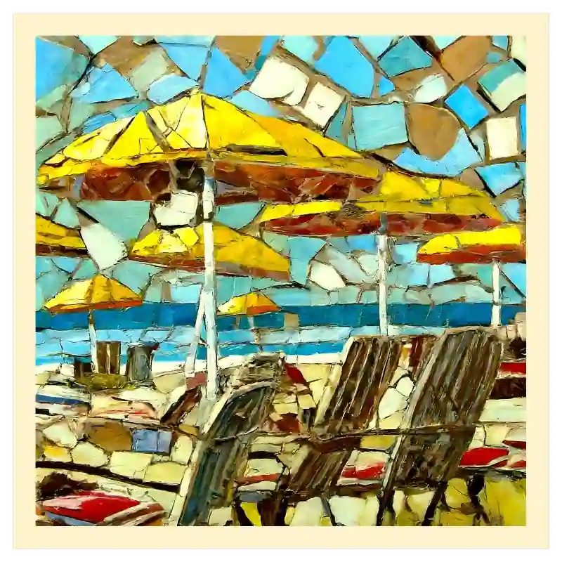 Yellow beach umbrellas mosaic print with loungers